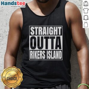 Official Straight Outta Rikers Island tank top featuring bold graphic design, perfect for casual wear and prison-themed apparel.