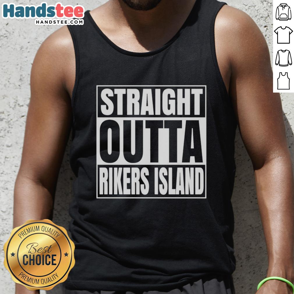 Official Straight Outta Rikers Island tank top featuring bold graphic design, perfect for casual wear and prison-themed apparel.