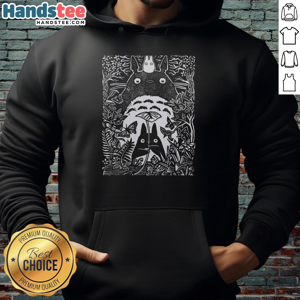 Official Totoro hoodie featuring small and big Totoro in a forest, perfect for fans of My Neighbor Totoro.