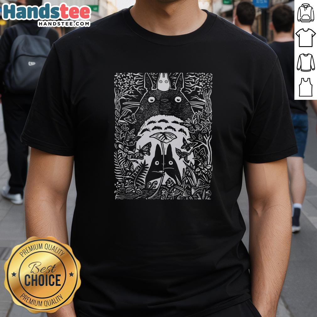 Official Totoro T-Shirt featuring small and big My Neighbor Totoro in a forest, designed in Inocut style.