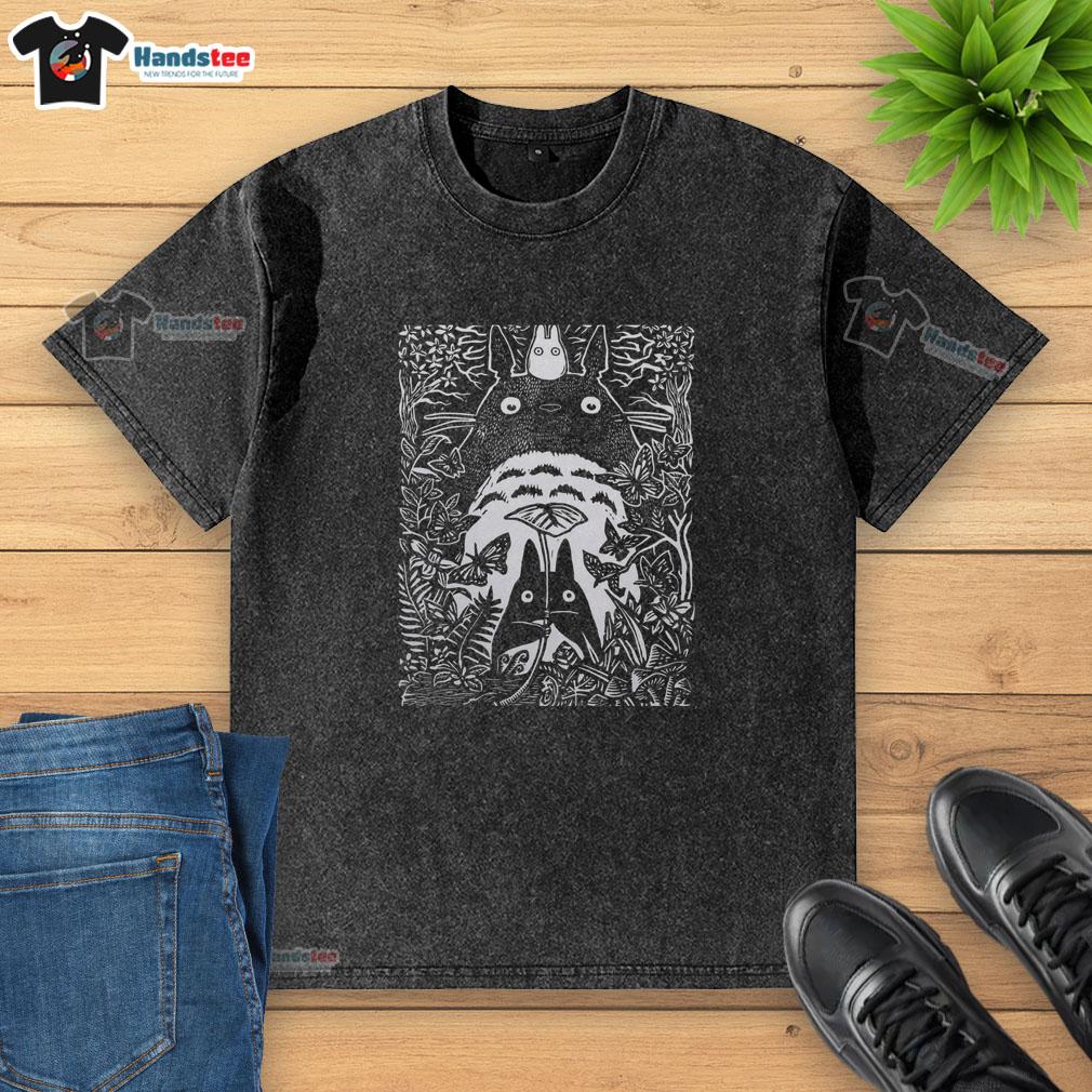 Alt Text: My Neighbor Totoro small and big characters in a forest on a washed T-shirt, featuring Inocut style design.