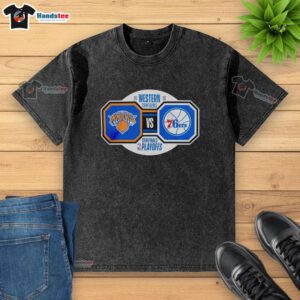 Original New York Knicks vs Philadelphia 76ers 2026 NBA Playoffs T-shirt showcasing team logos and playoff graphics.