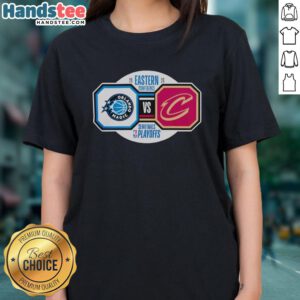 2026 NBA Playoffs: Orlando Magic vs. Cleveland Cavaliers ladies tee, showcasing team logos and vibrant colors.