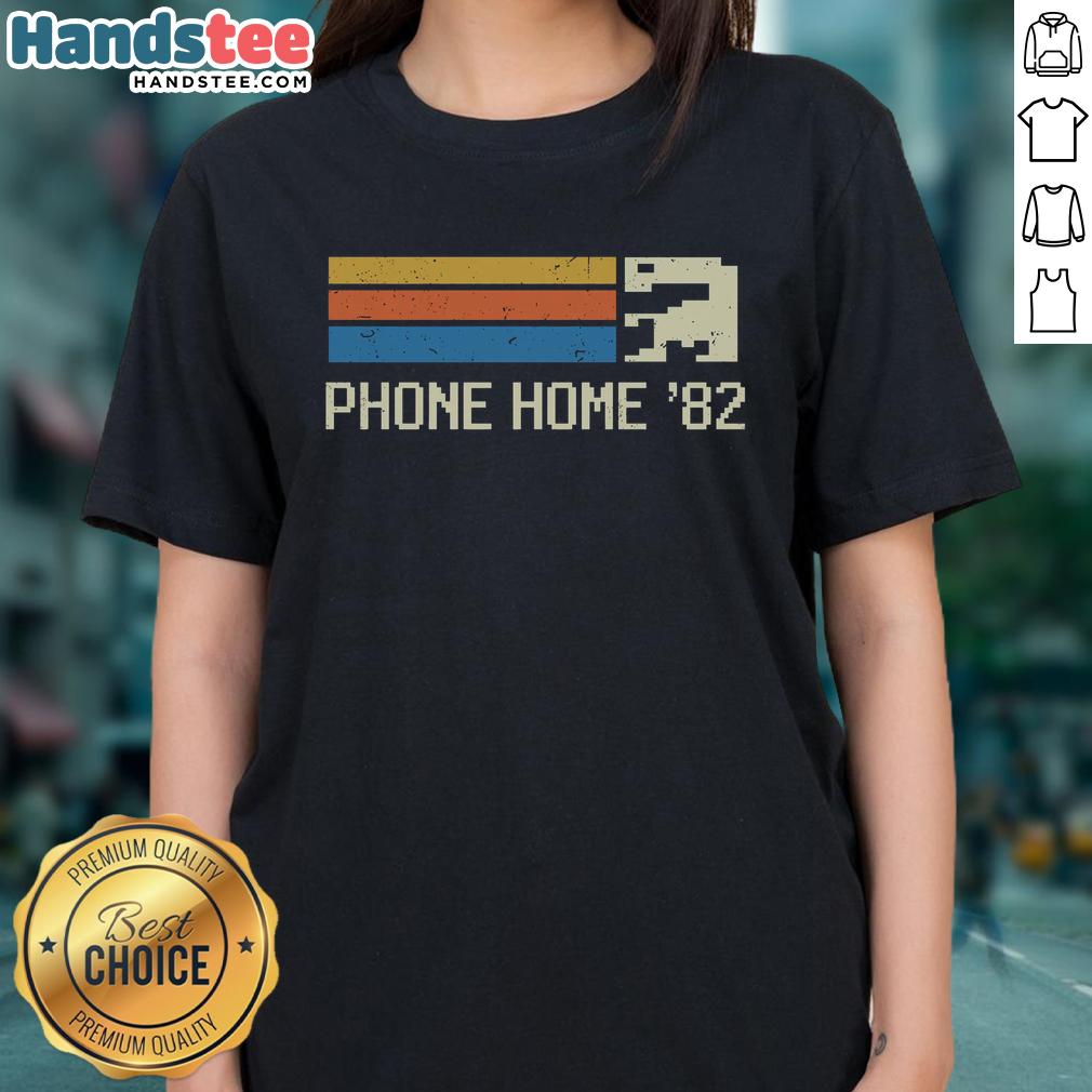 Premium 8-Bit Phone Home 82 Ladies Tee featuring retro design, perfect for fans of vintage style and nostalgia.