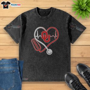 Premium Oklahoma Sooners Heartbeat Love Nurse Washed T-Shirt featuring a stylish design for fans and healthcare professionals.