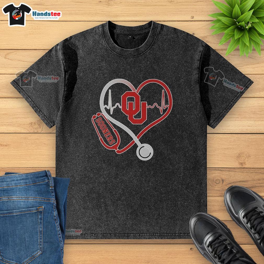 Premium Oklahoma Sooners Heartbeat Love Nurse Washed T-Shirt featuring a stylish design for fans and healthcare professionals.
