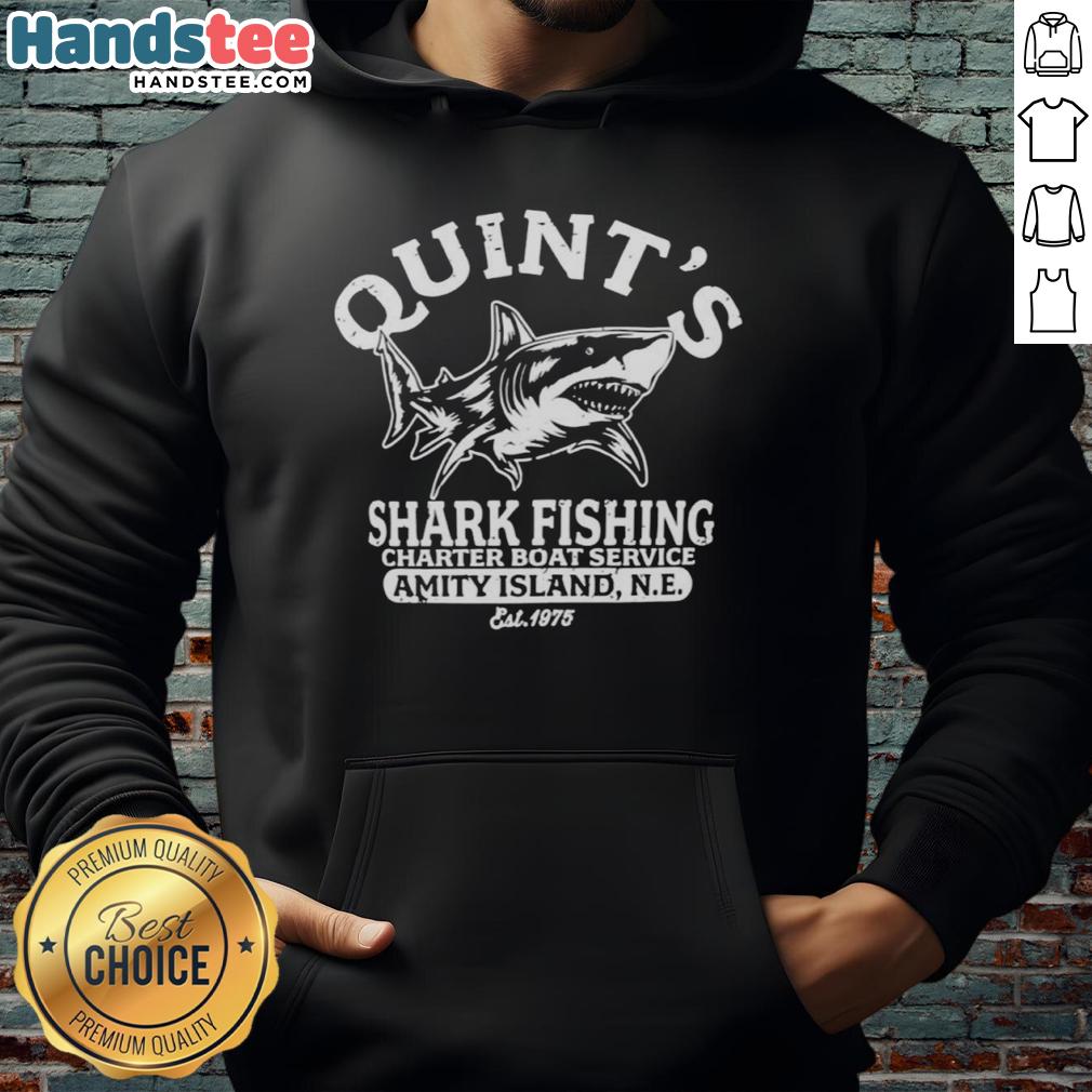 Alt Text: Premium Quints Shark Fishing Charter Boat Service hoodie featuring Great White Shark design, established 1975, Amity Island.