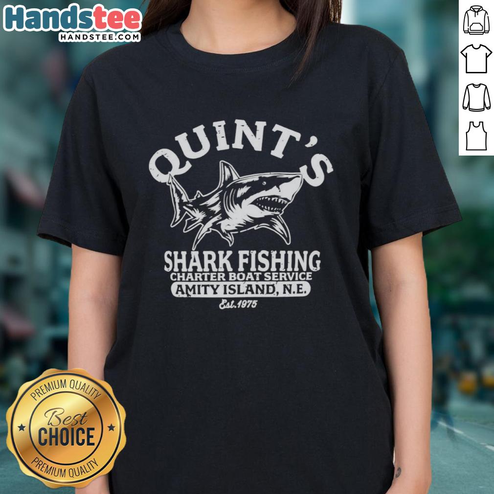Alt Text: Premium Quints shark fishing charter boat service tee featuring Great White Shark design, Amity Island, est. 1975.