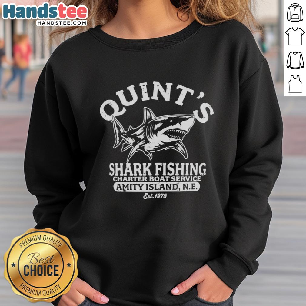 Premium Quints shark fishing charter boat service sweatshirt featuring Great White Shark, established 1975, Amity Island.