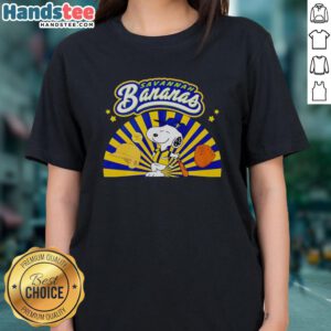 Alt Text: Premium Snoopy Savannah Bananas baseball dog in batting stance on a ladies tee, perfect for baseball fans.