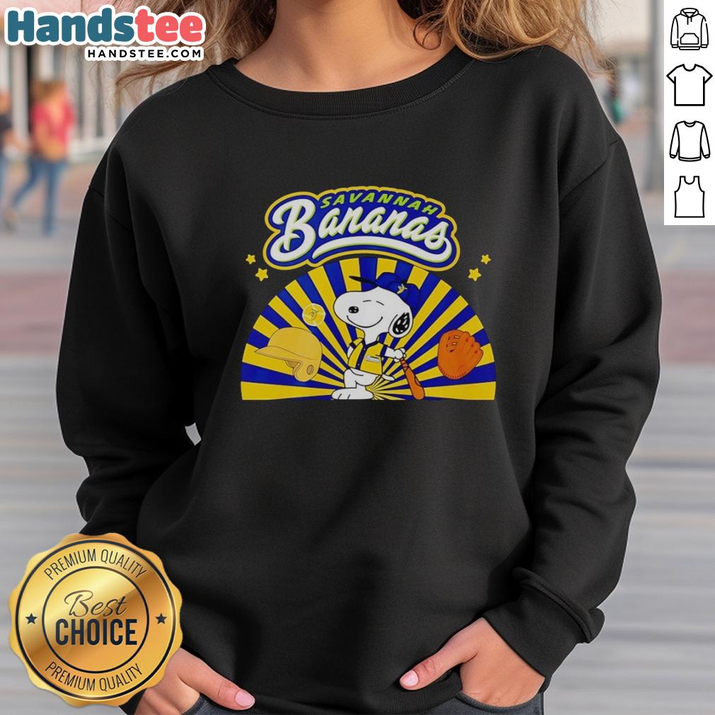 Alt Text: Premium Snoopy Savannah Bananas baseball dog in batting stance on a cozy sweatshirt, perfect for pet lovers.