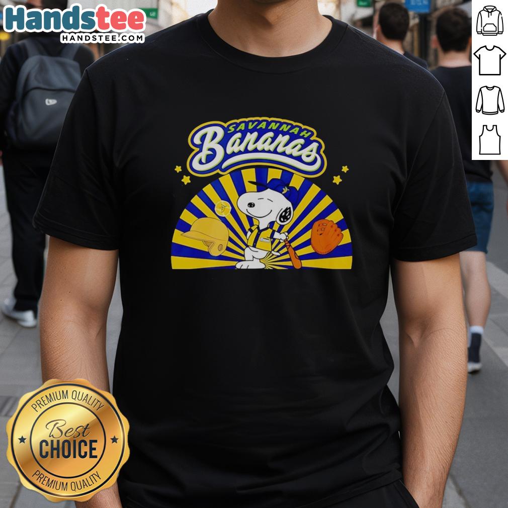 Premium Snoopy Savannah Bananas baseball t-shirt featuring Snoopy in a playful batting stance, perfect for dog lovers.