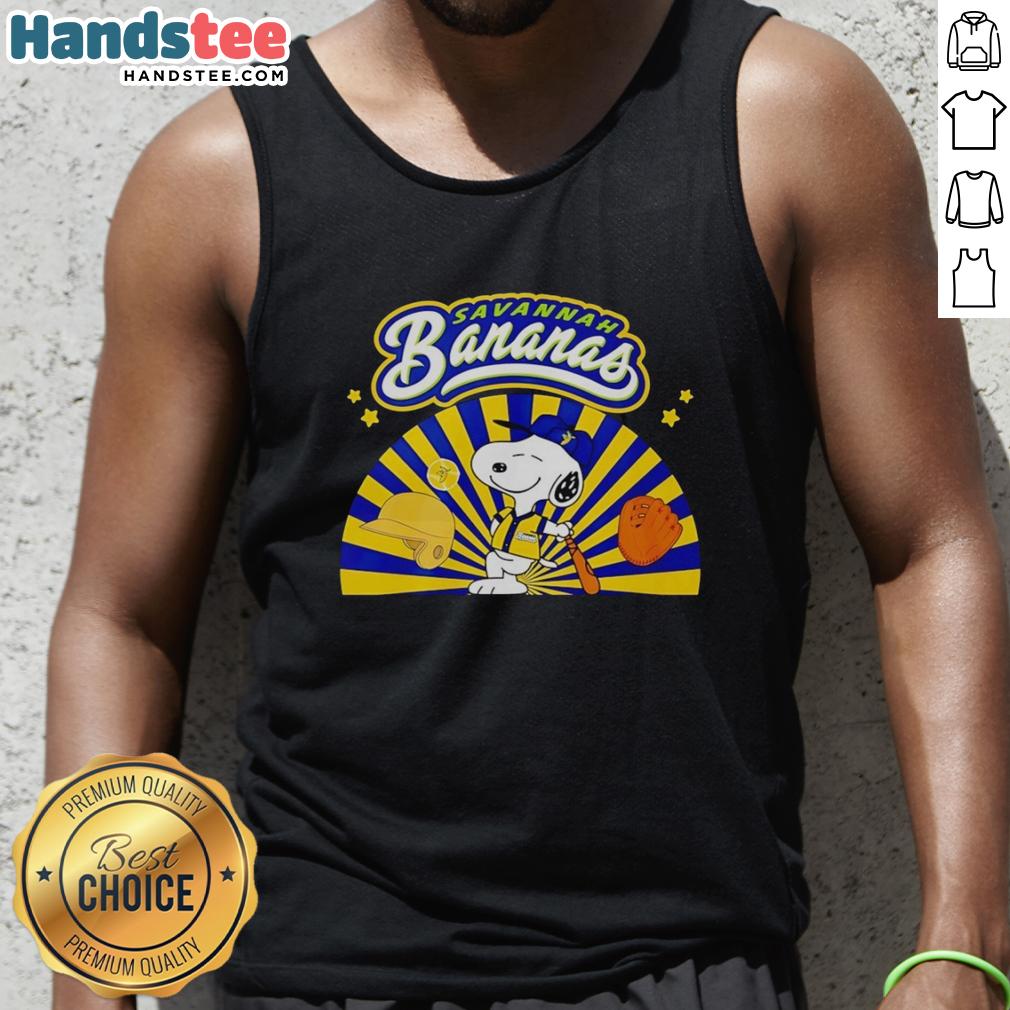 Alt Text: Premium Snoopy Savannah Bananas baseball dog in batting stance wearing a stylish tank top for summer fun.