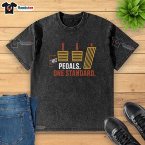 Top three pedals on a standard washed t-shirt design, showcasing vibrant colors and unique patterns for music lovers.