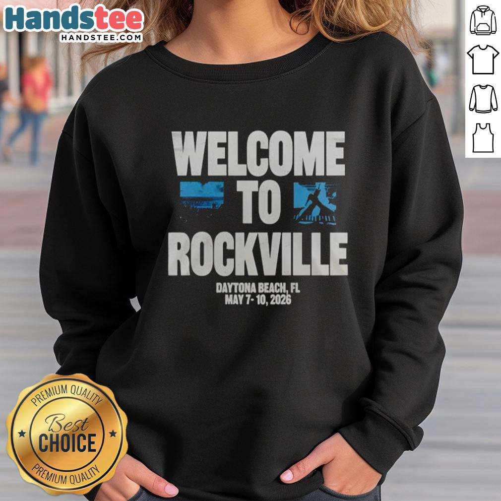 Top Welcome to Rockville 2026 sweatshirt featuring vibrant design and festival branding, perfect for music lovers.