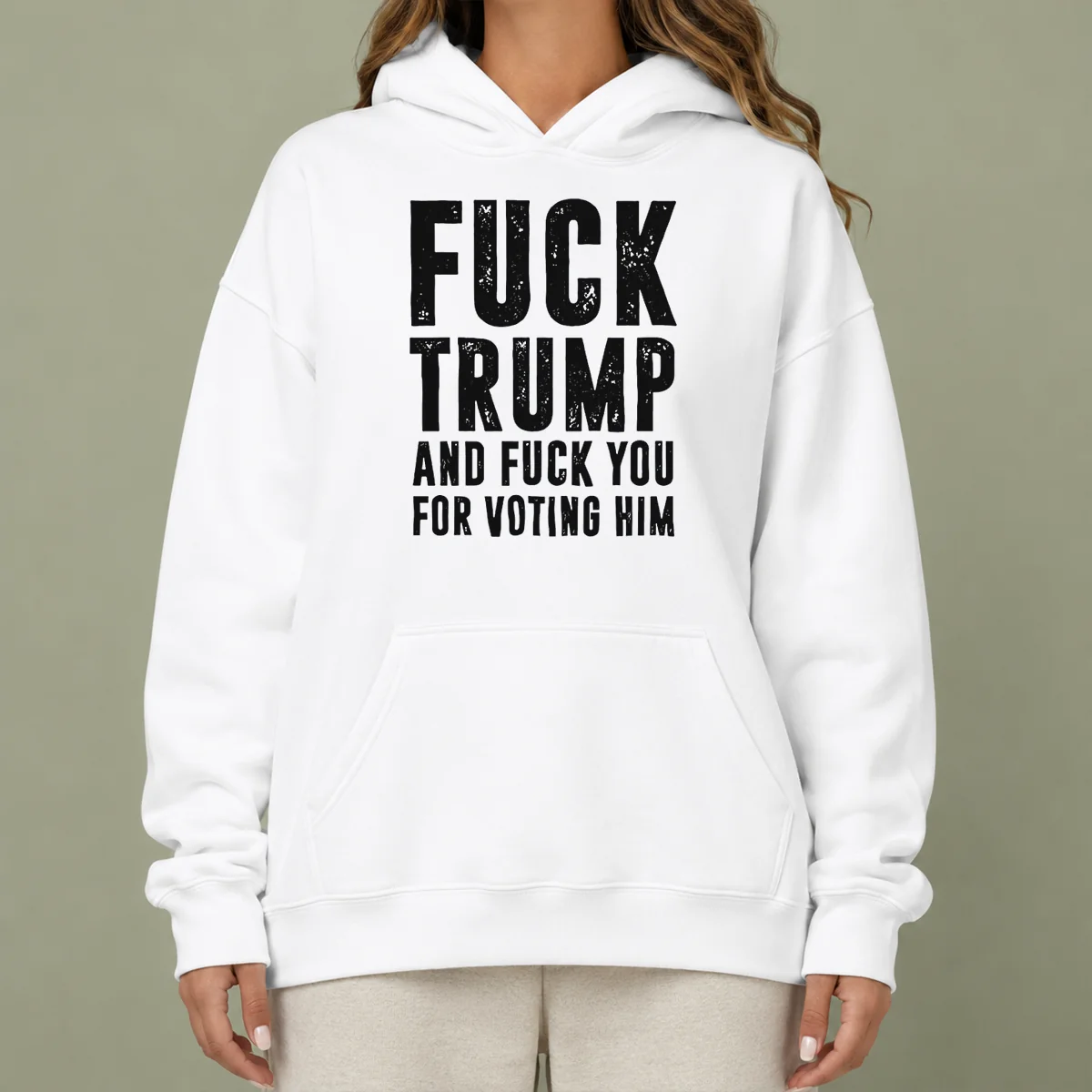 Awesome Fck Trump And Fck You For Voting Him Hoodie in black, featuring bold white text on the front