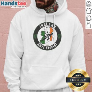 Awesome Ireland Anti Fascist Hoodie in dark green with bold white and orange graphic design on front