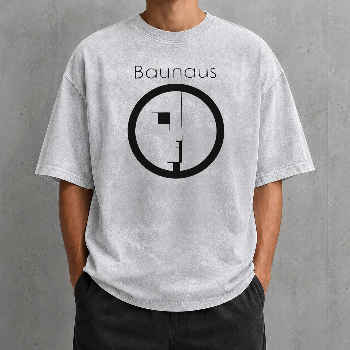 Funny Bauhaus Band Profile Silhouette Symbol Music Band Logo on a soft washed t shirt in light gray