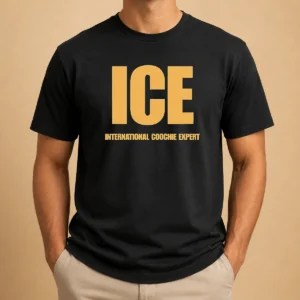Funny ICE International Coochie Expert t shirt in classic fit, featuring bold white text on black fabric