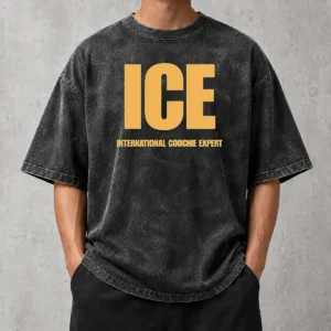 Funny ICE International Coochie Expert printed on a soft washed t shirt in light gray