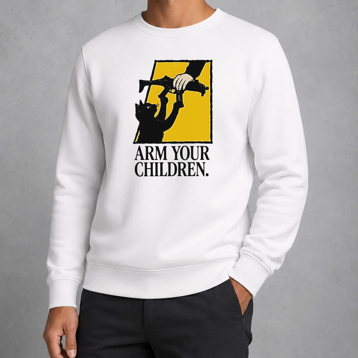 Good Black Cat Holding Submachine Gun And Hand Arm Your Children Sweater featuring a bold graphic on a cozy black pullover