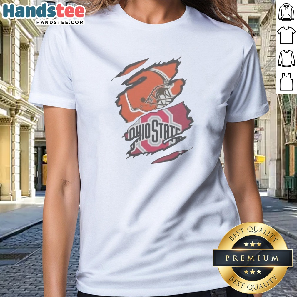Good Cleveland Browns And Ohio State University Logo Torn Shirt on Ladies Shirt Good Cleveland Browns And Ohio State University Logo Torn Shirt shown as a ladies shirt preview