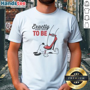 Hot Cartoon Dog Red Heel Shoe Exactly To Be Where I Want To Be Shirt displayed on a wooden surface