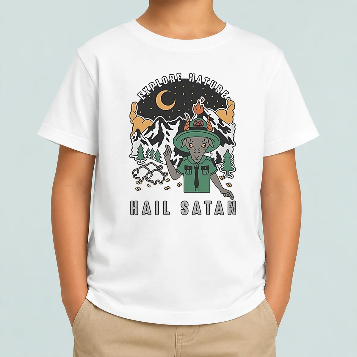 Hot Goat Scout Pointing Explore Nature Hail Satan Kids T-Shirt
