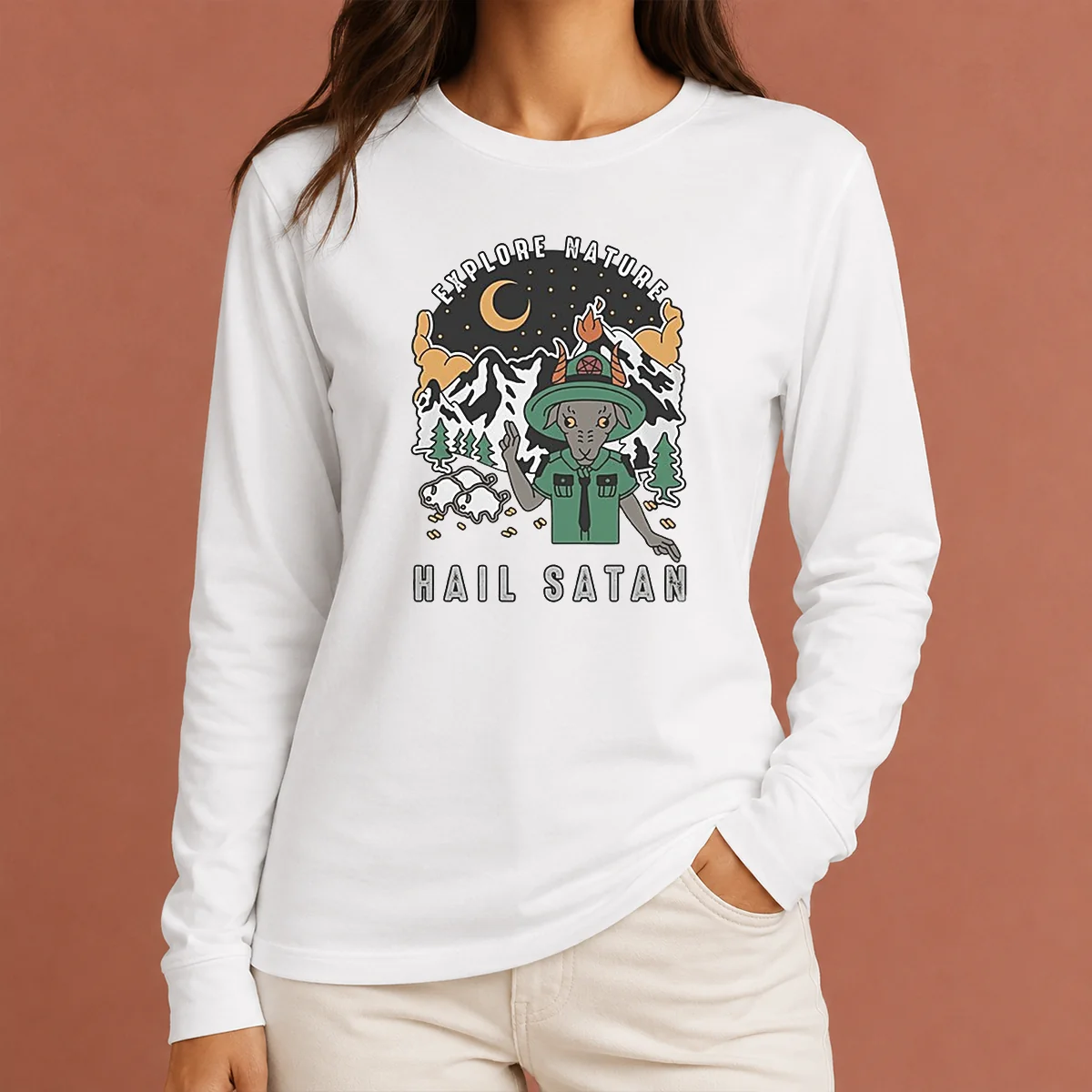 Hot Goat Scout Pointing Explore Nature Hail Satan Long Sleeve Shirt