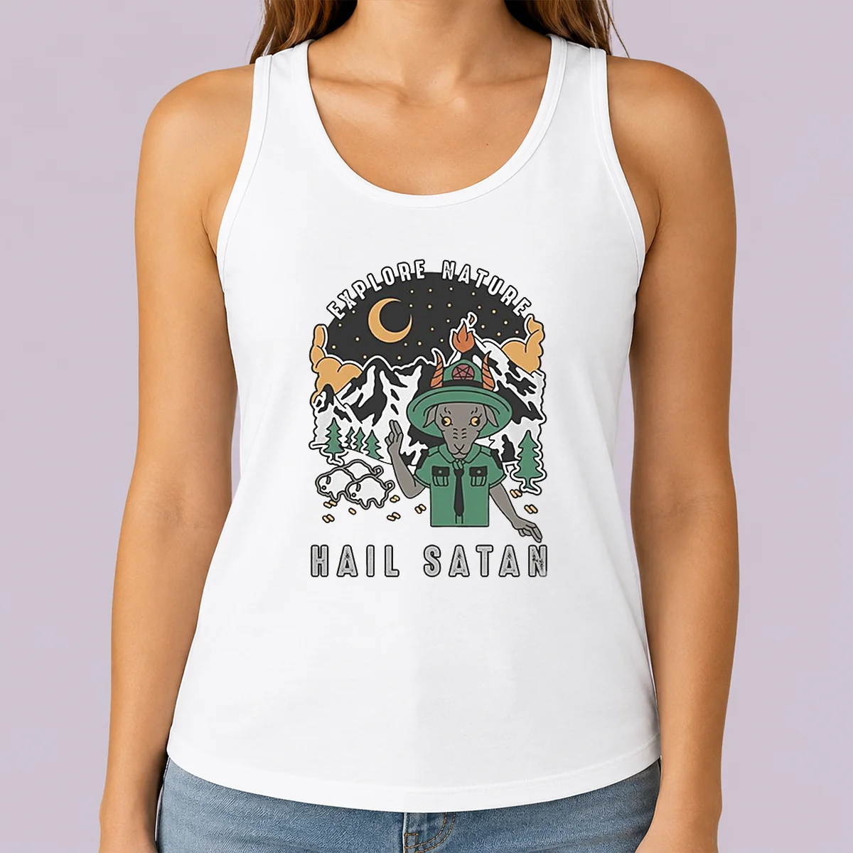 Hot Goat Scout Pointing Explore Nature Hail Satan Tank Top
