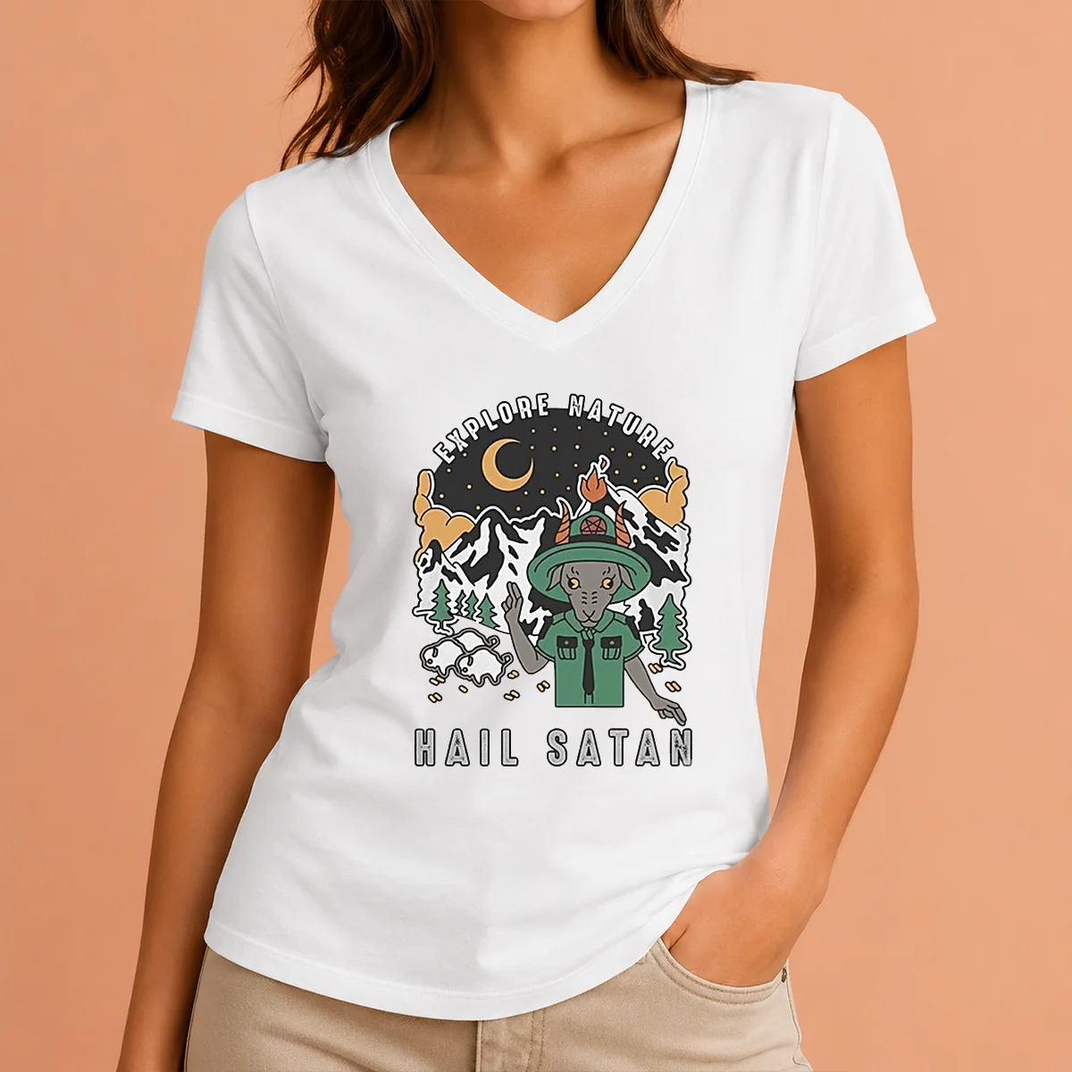 Hot Goat Scout Pointing Explore Nature V-Neck Shirt Hot Goat Scout Pointing Explore Nature V-Neck Shirt