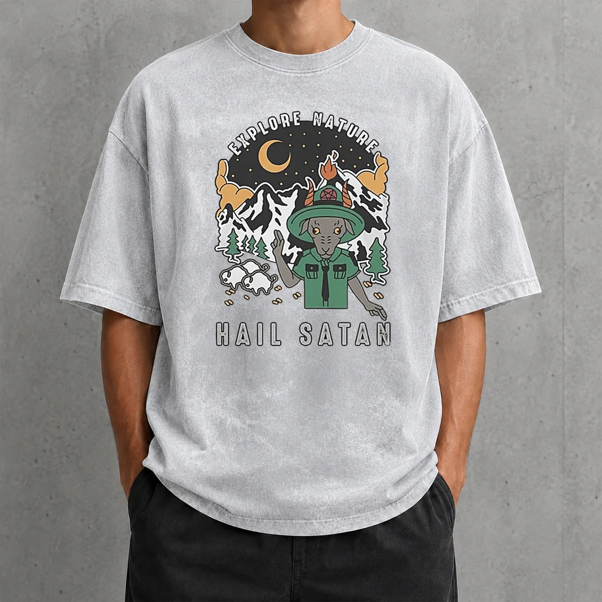 Hot Goat Scout Pointing Explore Nature Hail Satan Washed T-Shirt