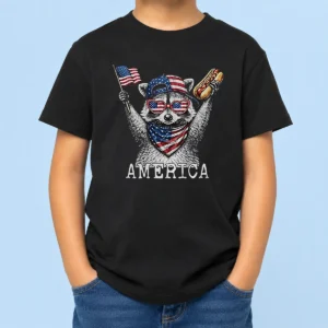 Nice America Raccoon Hot Dog 4th Of July Patriotic USA Animal 2026 Kids T-Shirt