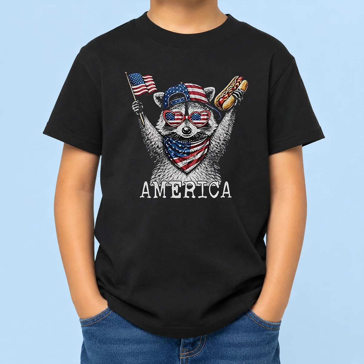 Nice America Raccoon Hot Dog 4th Of July Patriotic USA Animal 2026 Kids T-Shirt