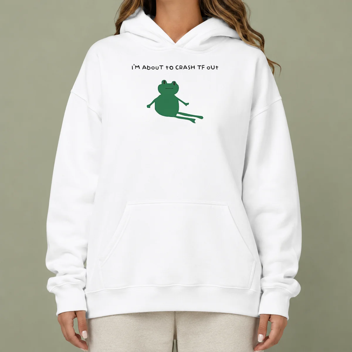Nice Frog I Am About To Crash Tf Out Meme Hoodie in dark green, displaying front view with kangaroo pocket and adjustable hood