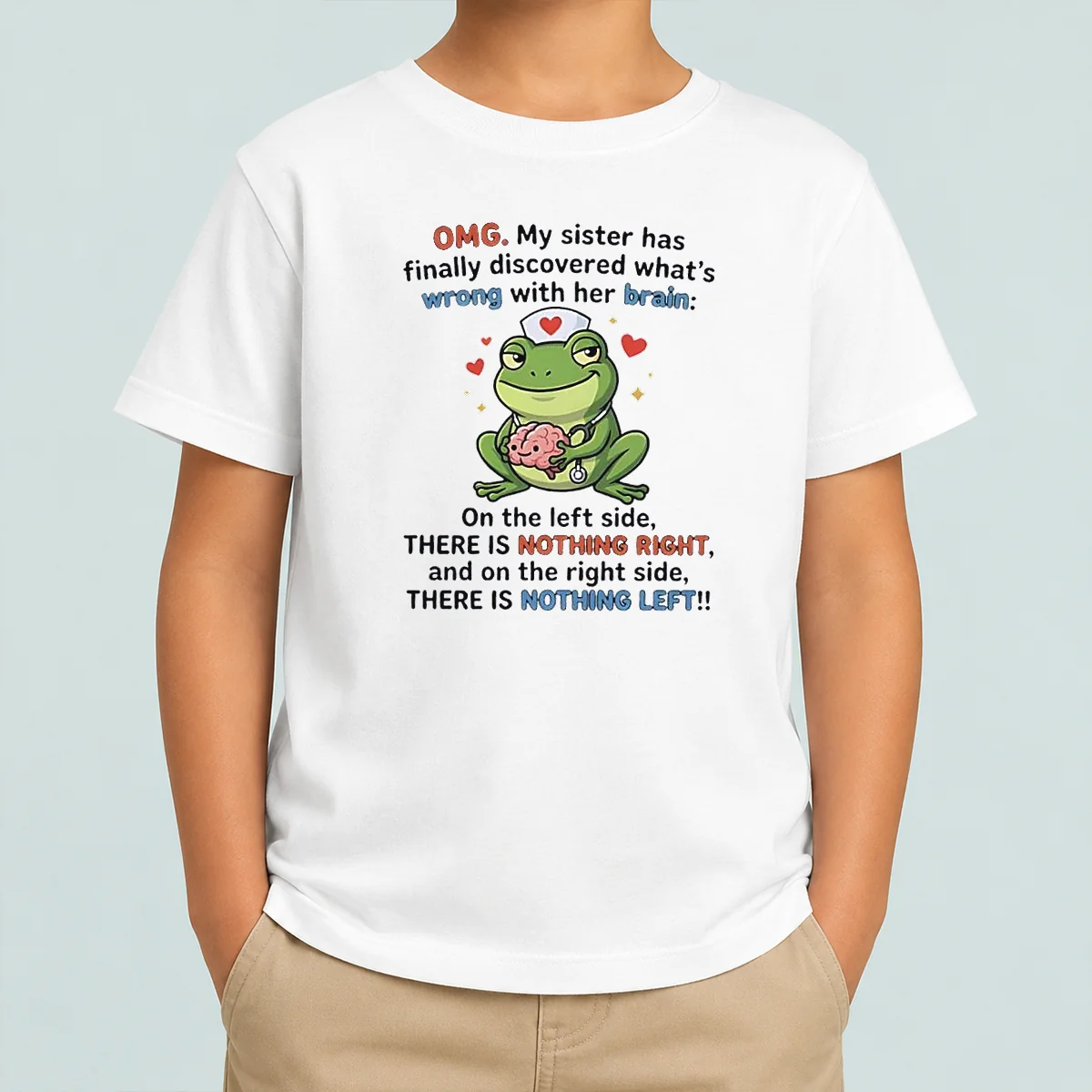 Official Frog Omg My Sister Has Finally Discovered What'S Wrong With Her Brain kids t shirt in navy blue, short sleeves, comfortable fit for children