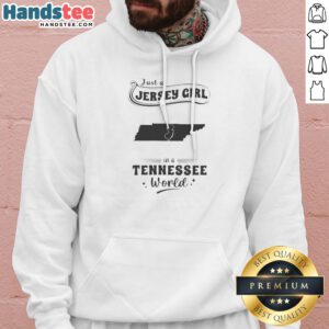 Official Just A Jersey Girl In A Tennessee World Tennessee Map Hoodie in dark gray, front view with bold graphic print