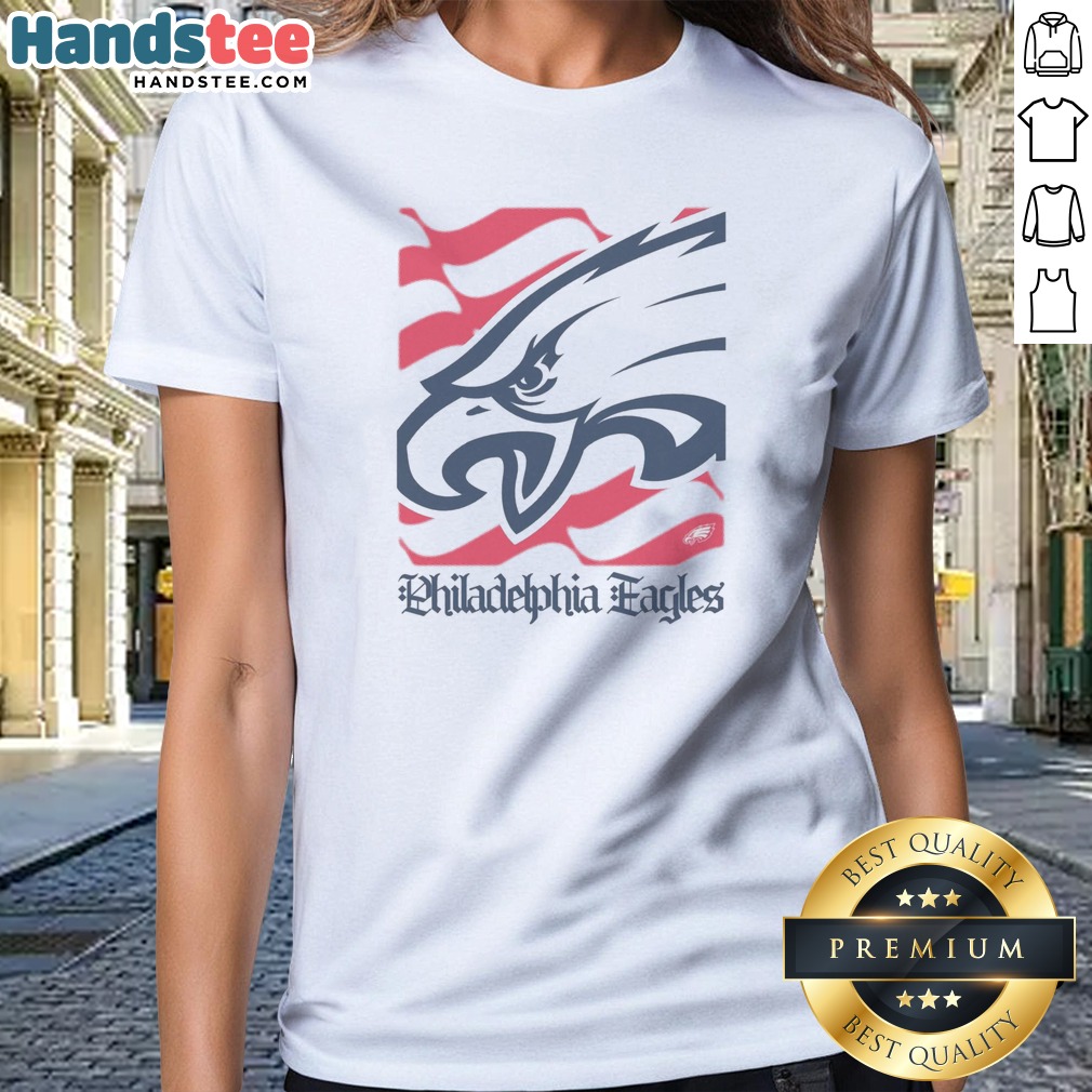 Official Philadelphia Eagles American Heritage Wordmark Shirt on Ladies Shirt Official Philadelphia Eagles American Heritage Wordmark Shirt shown as a ladies shirt preview