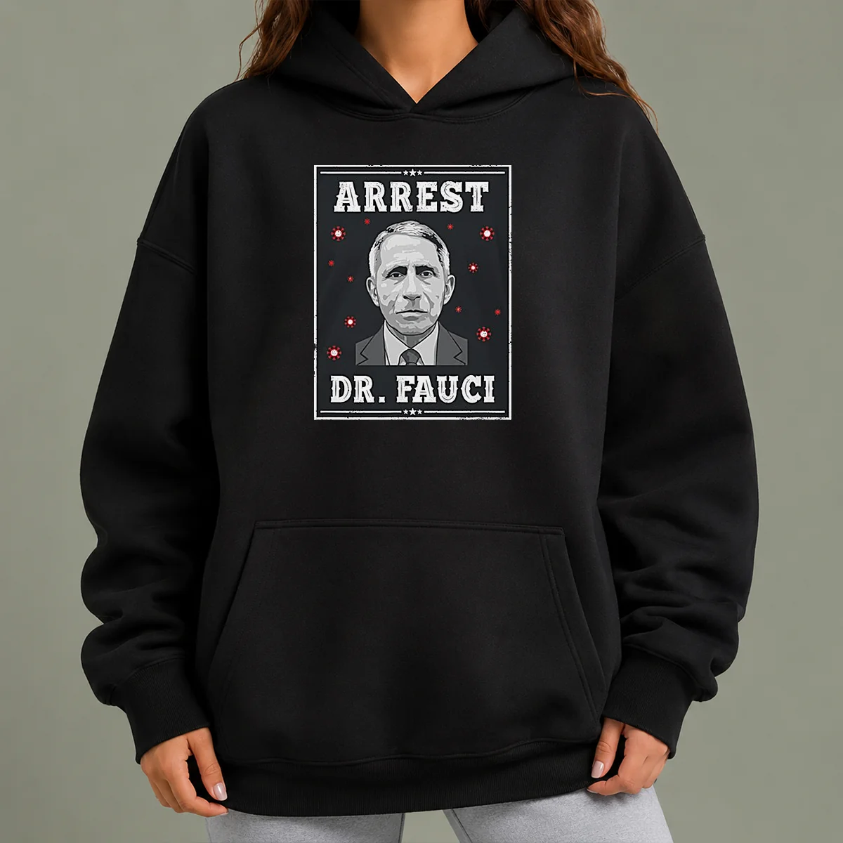 Original Dr Fauci Arrest Medical Freedom Anti Lockdown Political Portrait Hoodie in black, unisex pullover with front pocket and drawstring hood
