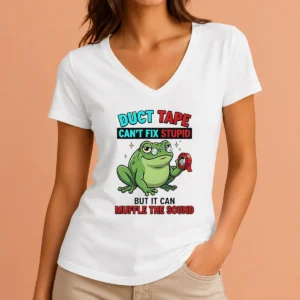 Original Frog Duct Tape Can'T Fix Stupid But It Can Muffle The Sound V Neck Shirt in dark color, short sleeves, comfortable fit