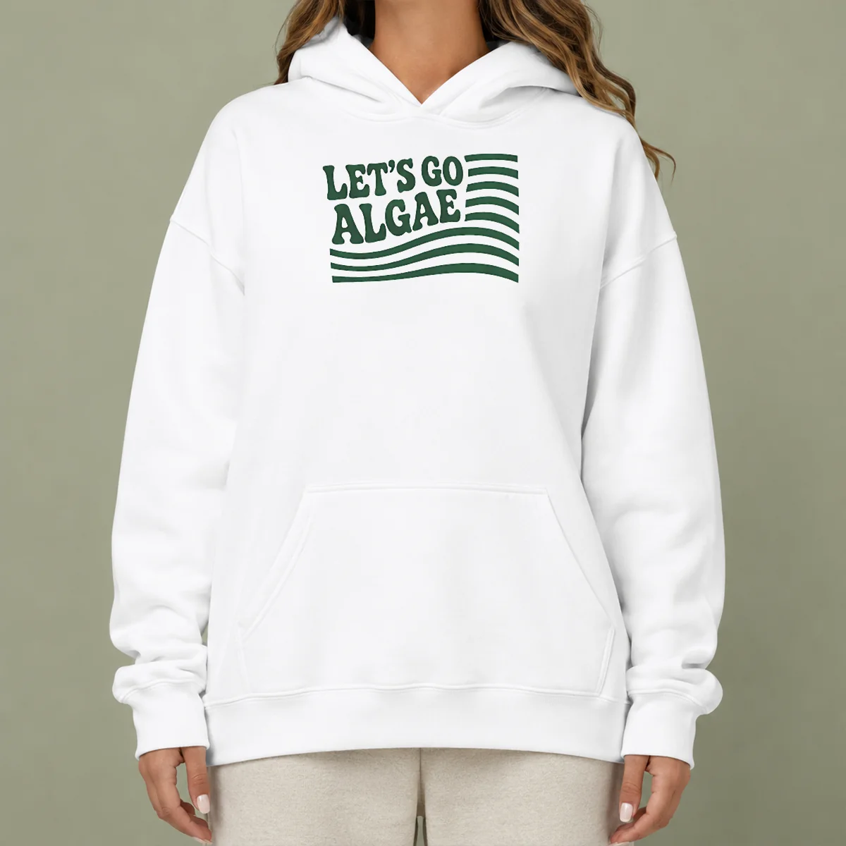 Original Lets Go Algae Reflecting Pool Green Again Liberal Protest Team Algae hoodie in green color, front view with drawstring hood and kangaroo pocket