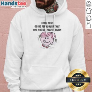 Original Little Miss Going Feral Over That One Hockey Player Again Cartoon Humor Hoodie in black, featuring bold cartoon text and graphic