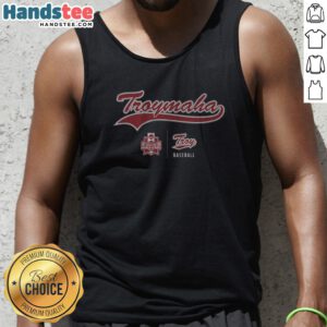 Original Troy Baseball Troymaha Tank top in white with bold text graphic, sleeveless casual wear