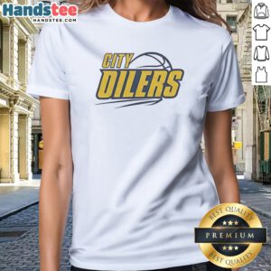 Premium City Oilers Basketball Logo Design For Sports Fan Apparel T Shirt For The Team Shirt displayed on a hanger