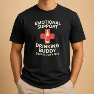 Premium Emotional Support Drinking Buddy t shirt in classic crew neck style with bold text design on front