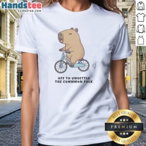 Pretty Capybara Driving Bicycle Off To Unsettle The Commmon Folk Funny Meme Illustration Ladies Shirt in vibrant colors