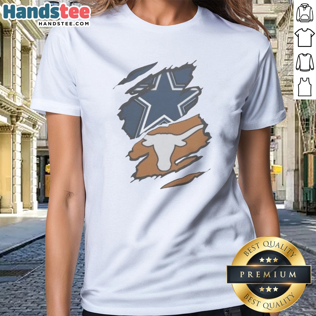 Pretty Dallas Cowboys Texas Longhorns Football Teams Design Shirt on Ladies Shirt Pretty Dallas Cowboys Texas Longhorns Football Teams Design Shirt shown as a ladies shirt preview