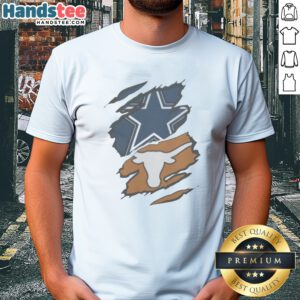 Pretty Dallas Cowboys Texas Longhorns Football Teams Design Shirt featuring team logos and colors.
