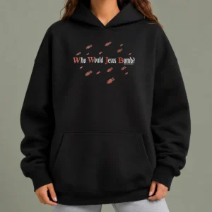 Pretty Fish WHO Would Jesus Bomb Hoodie in dark color with front graphic design and drawstring hood