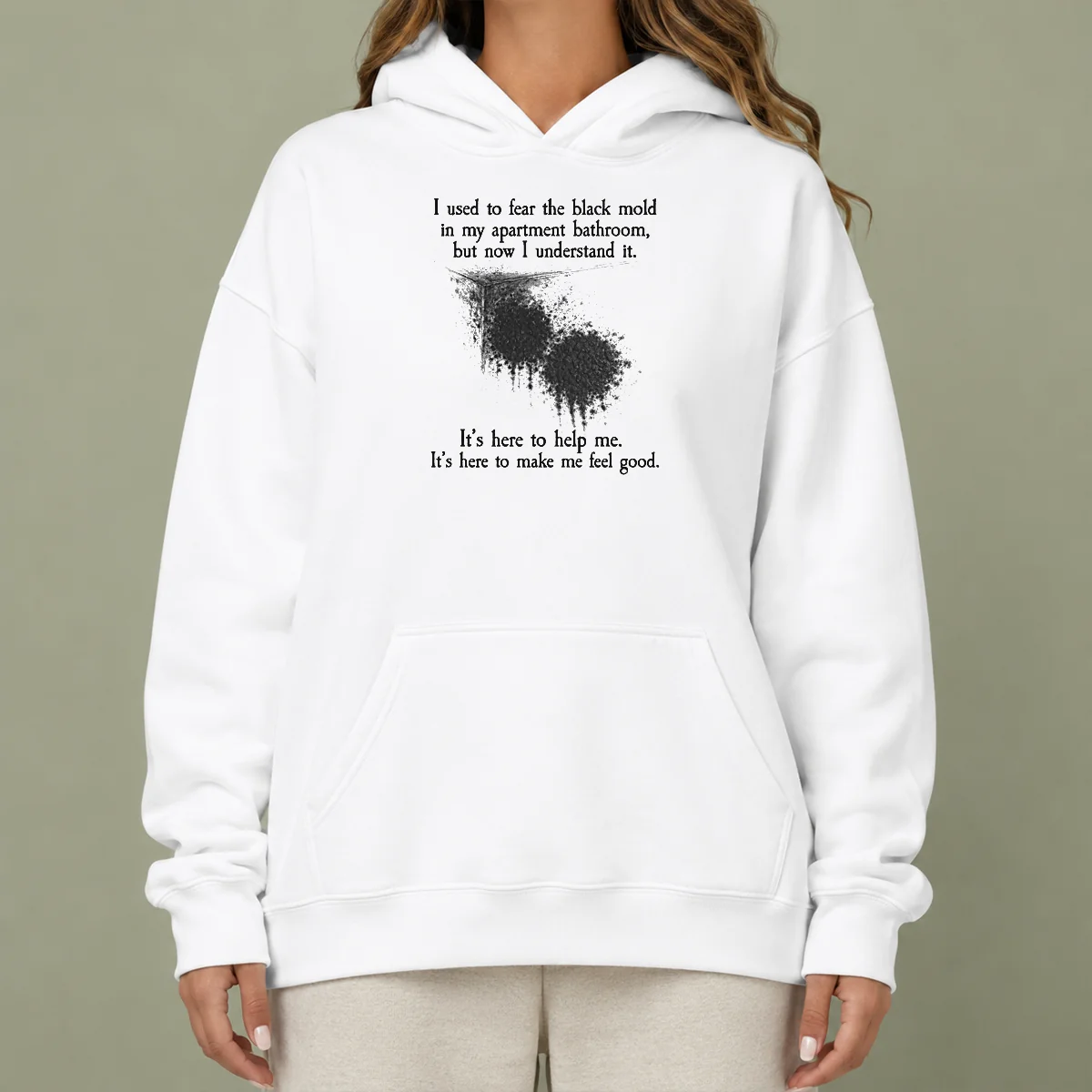 Pretty I Used To Fear The Black Mold In My Apartment But Now I Understand It Hoodie in black, front view with drawstring hood and kangaroo pocket